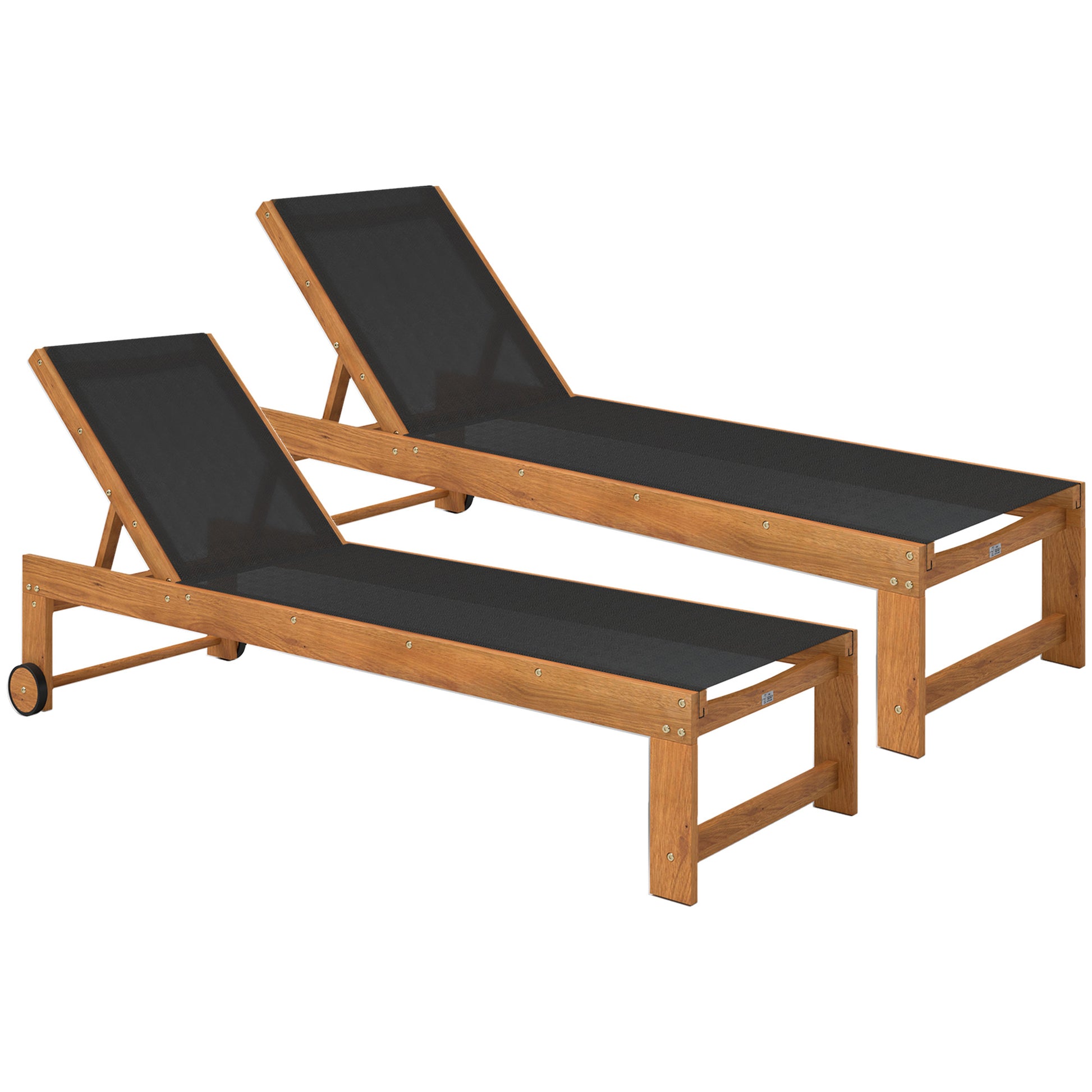Outsunny Juego De 2 Tumbonas De Madera Con Ruedas Respaldo Ajustable Negro_0