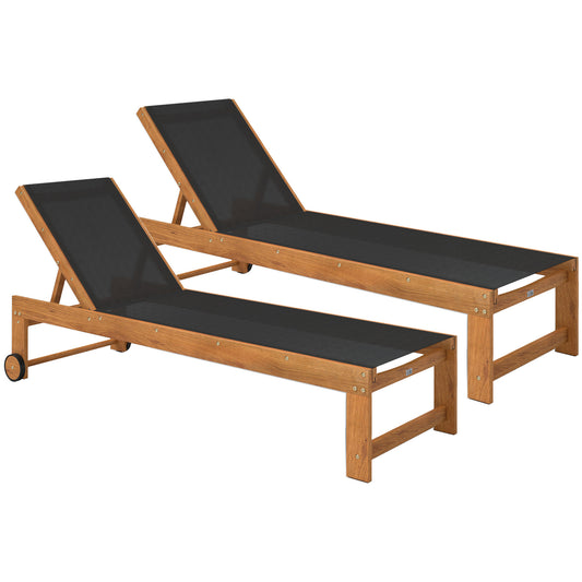 Outsunny Juego De 2 Tumbonas De Madera Con Ruedas Respaldo Ajustable Negro_0