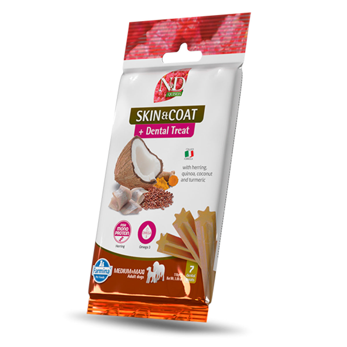 N&amp;D Quinoa Canine Dental Treat Pele e Pelagem Arenque Raças Médias/Máximas 100g 7 unidades