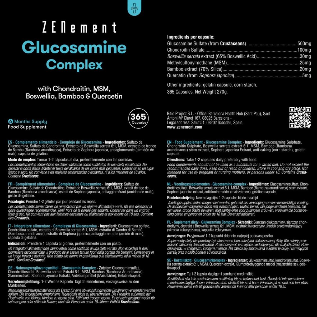 Complexo de Glucosamina com Condroitina + MSM + Boswellia + Quercetina Zenemet, 365 comprimidos
