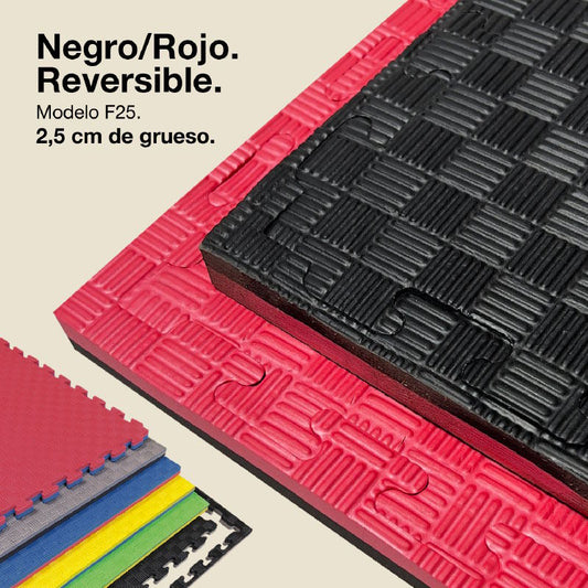 Tatami Puzzle 2,5cm 100x100cm, Pack 4 Unidades – Superficie 5 Líneas Negro/rojo Jowy_0