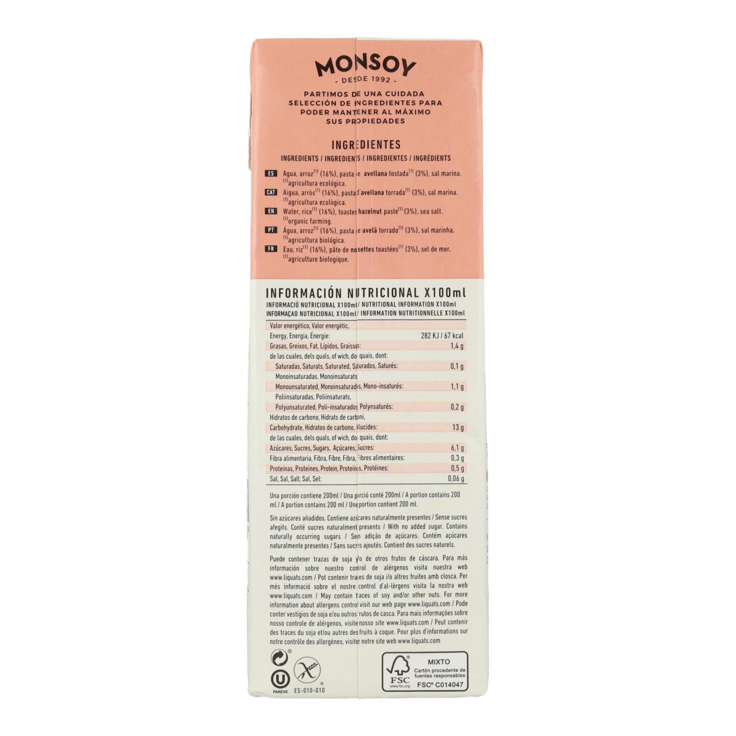 Bebida de arroz e avelã biológica Monsoy 1 L