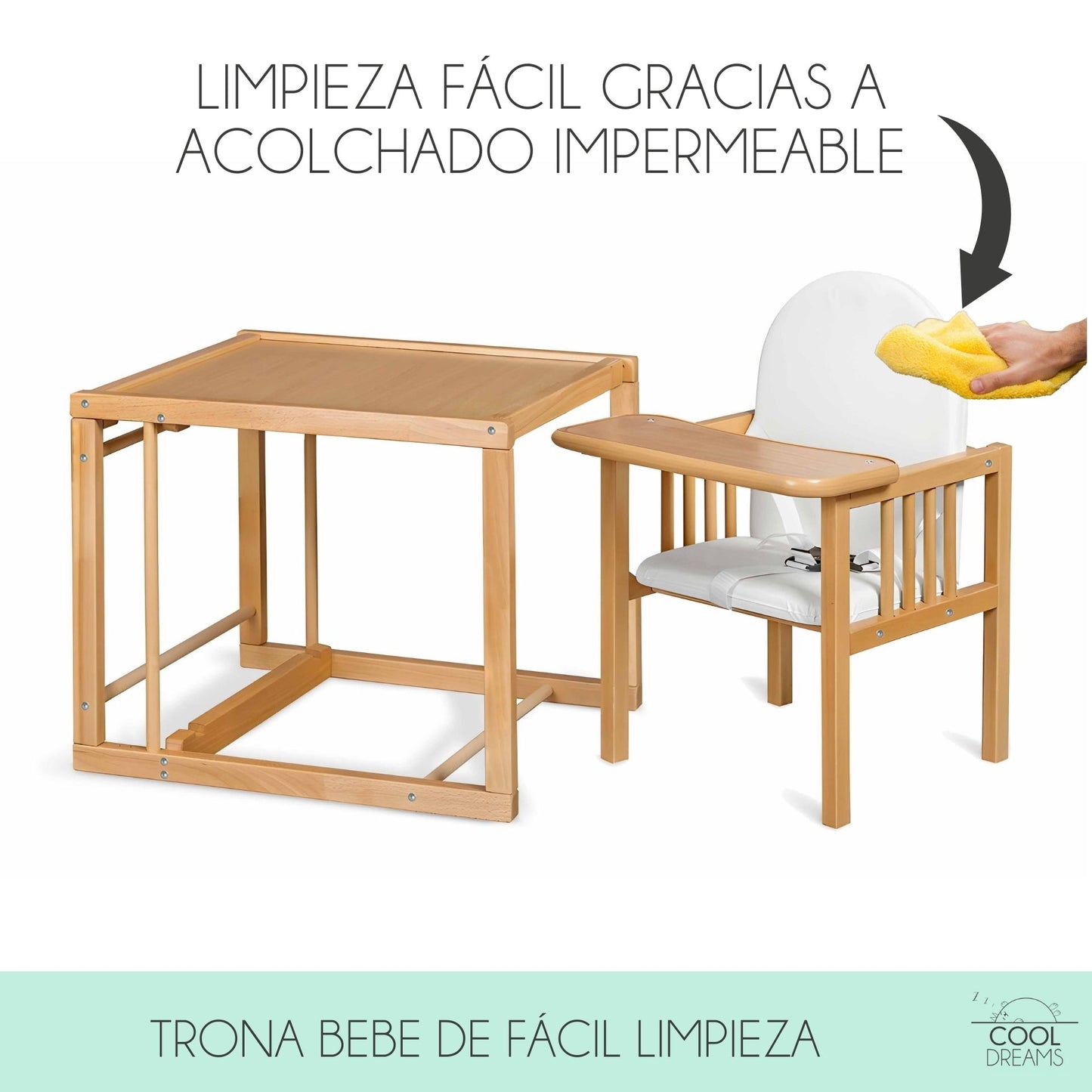 Trona Evolutiva Bebe Portatil De Madera De Haya Evoluonge. Convertible En Mesa Y Silla Infantil. Asiento Acolchado_3