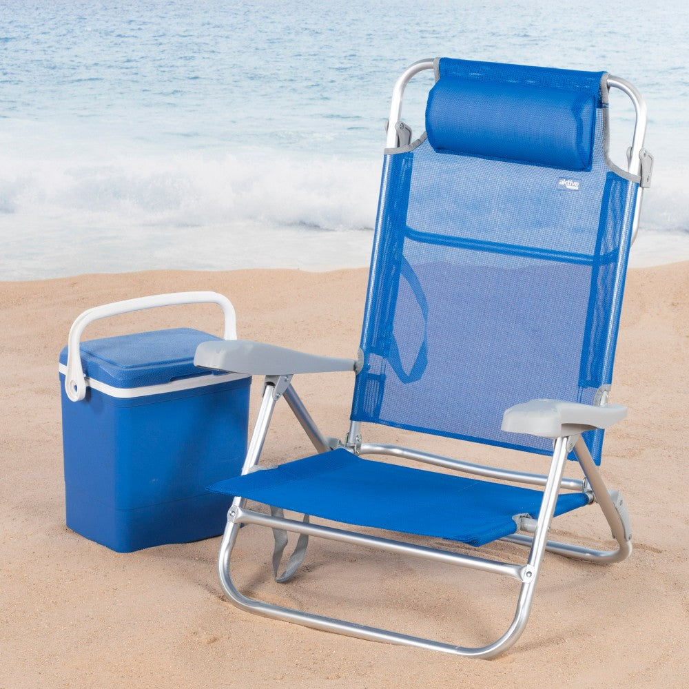 Aktive Silla De Playa Plegable Y Reclinable 7 Posiciones Azul C/cojín Y Asas Mano_1