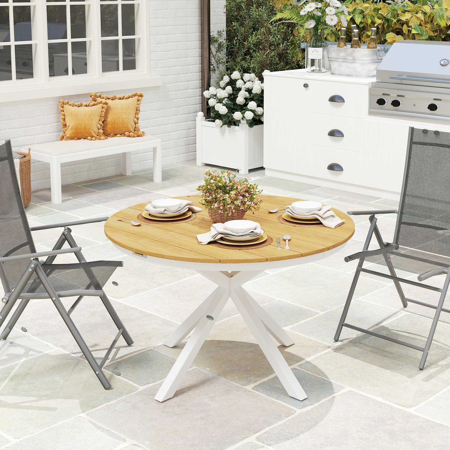 Outsunny Mesa De Jardín Redonda Ø118x74 Cm Con Estructura De Aluminio Teca_4