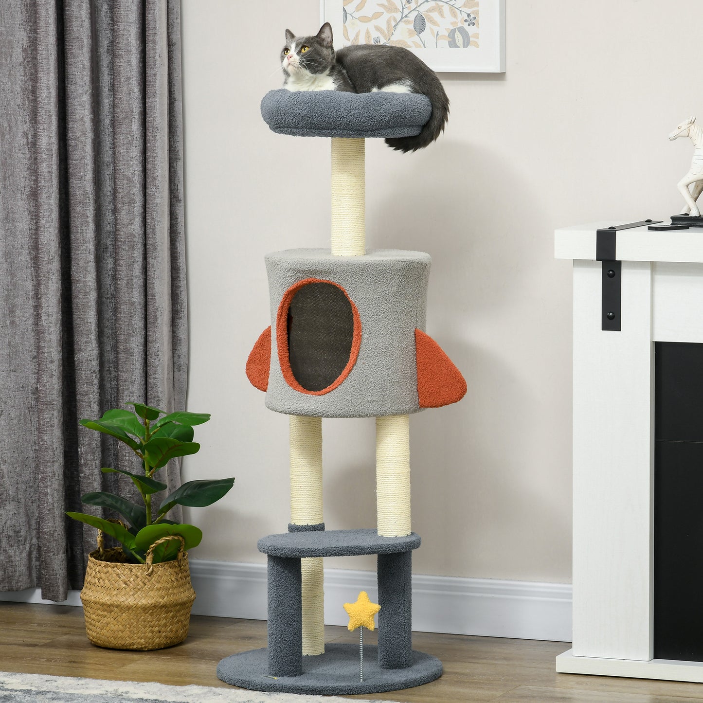 Pawhut Árbol Rascador Para Gatos De 116 Cm Tipo De Cohete Con Postes Cama Azul_1