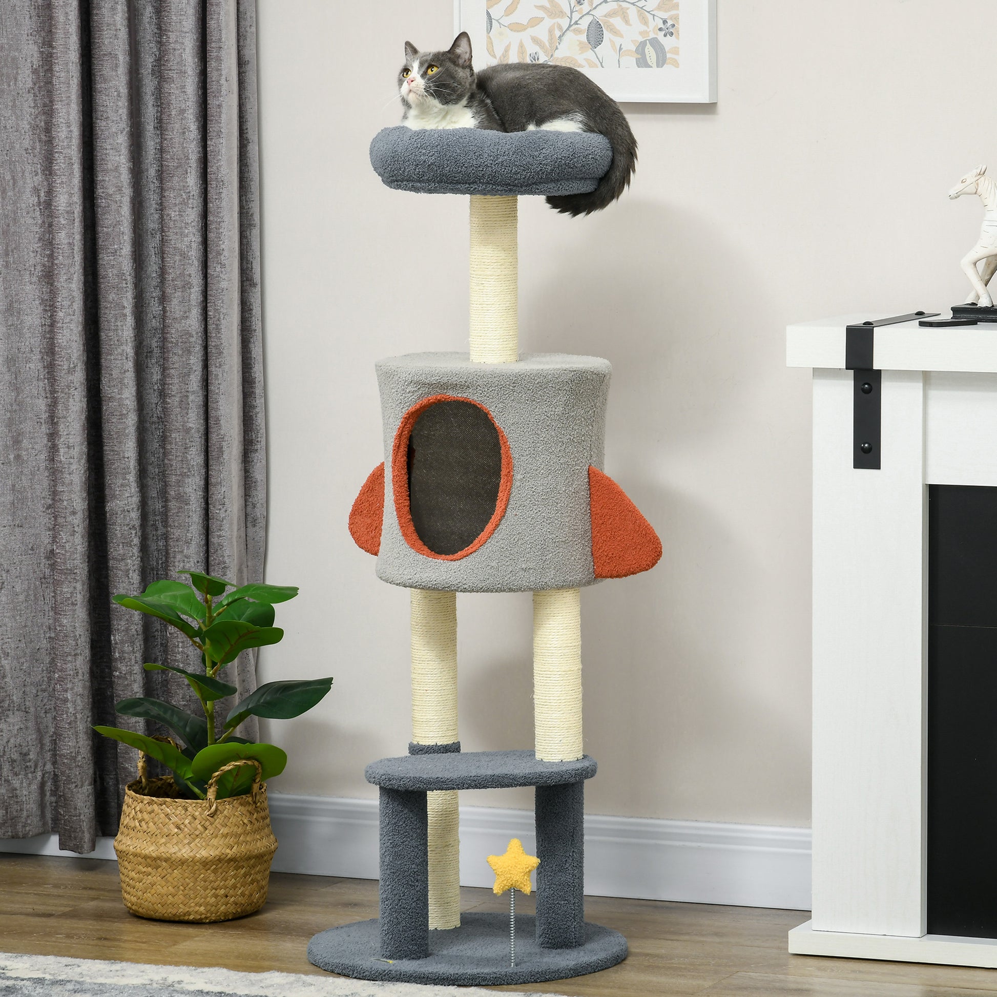 Pawhut Árbol Rascador Para Gatos De 116 Cm Tipo De Cohete Con Postes Cama Azul_1