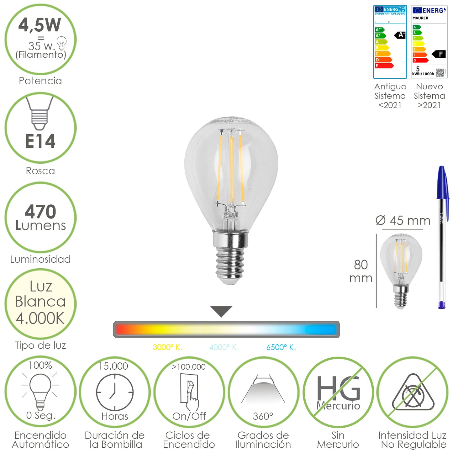 Bombilla Led Filamento Esfera Rosca E14, 4,5 Watt, Equivale A 35 Watt, 470 Lumenes, Luz Neutra 4000âº K,_0