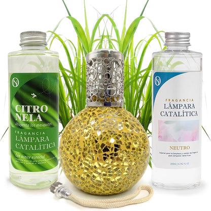 Pack Ahorro Lámpara Catalítica Mosaico Dorado + Fragancia Citronela 200ml + Limpiador Neutro 200ml + Mecha Repuesto_0