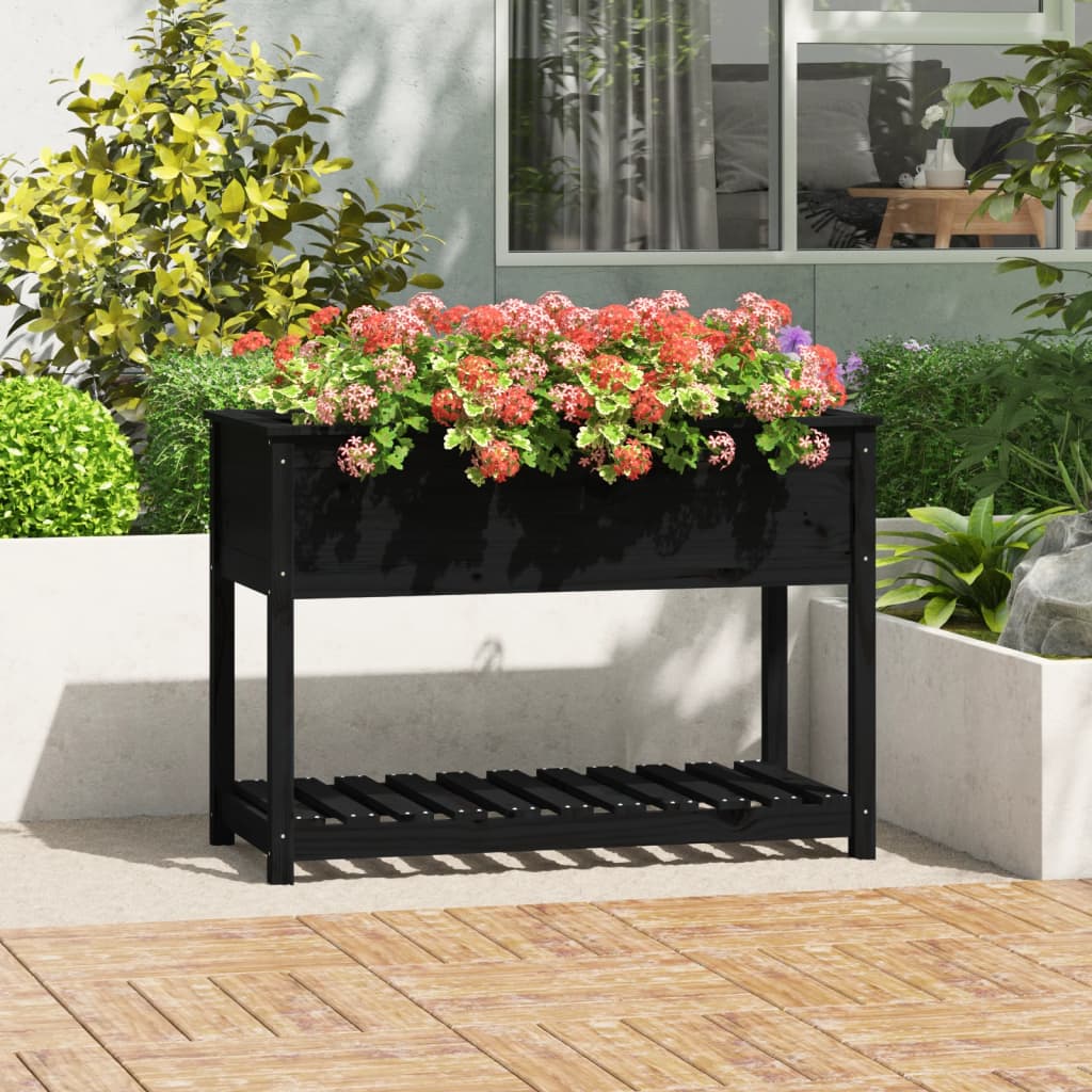 Jardinera Con Estante Madera Maciza Pino Negra 111,5x54x81 Cm_1