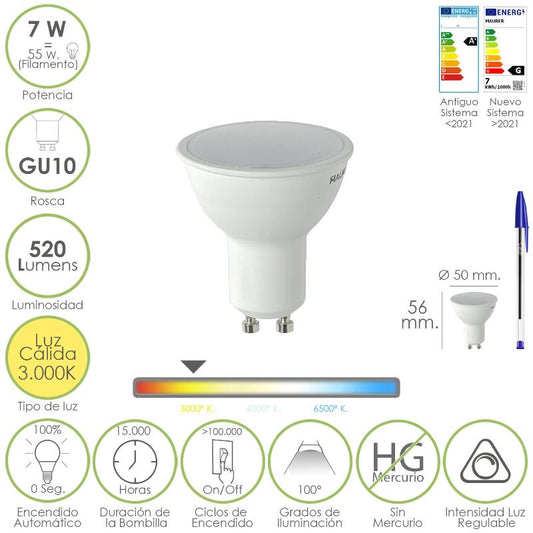 Bombilla Led Dicroica Rosca Gu10.  7 Watt. Equivale A 55 Watt. 520 Lumenes. Regulable Luz Cálida (3000º K.)_0