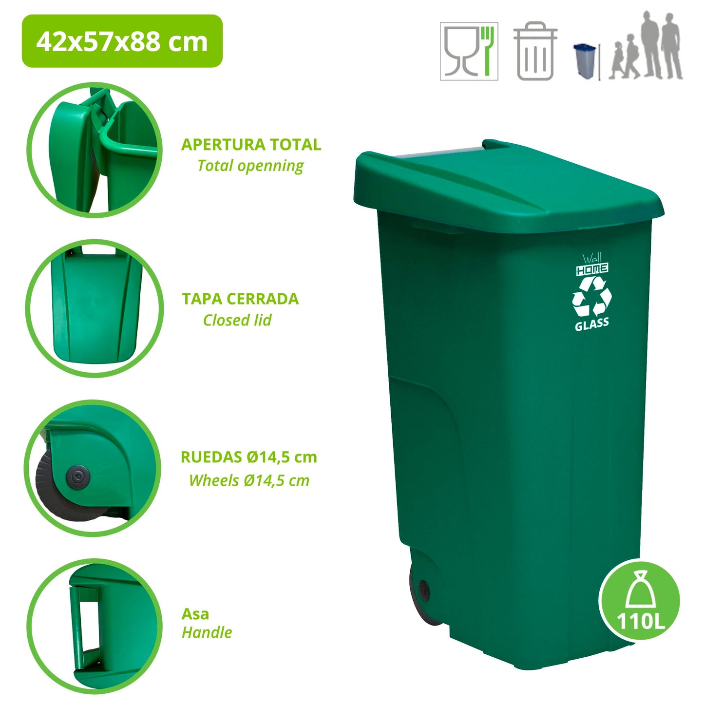 Contenedor Wellhome Reciclo 110 Litros, Cerrado Con Tapa, Ideal Para Reciclaje De Vidrio, Con Ruedas + 3x Bolsas De Basura De 10 Unidades_1