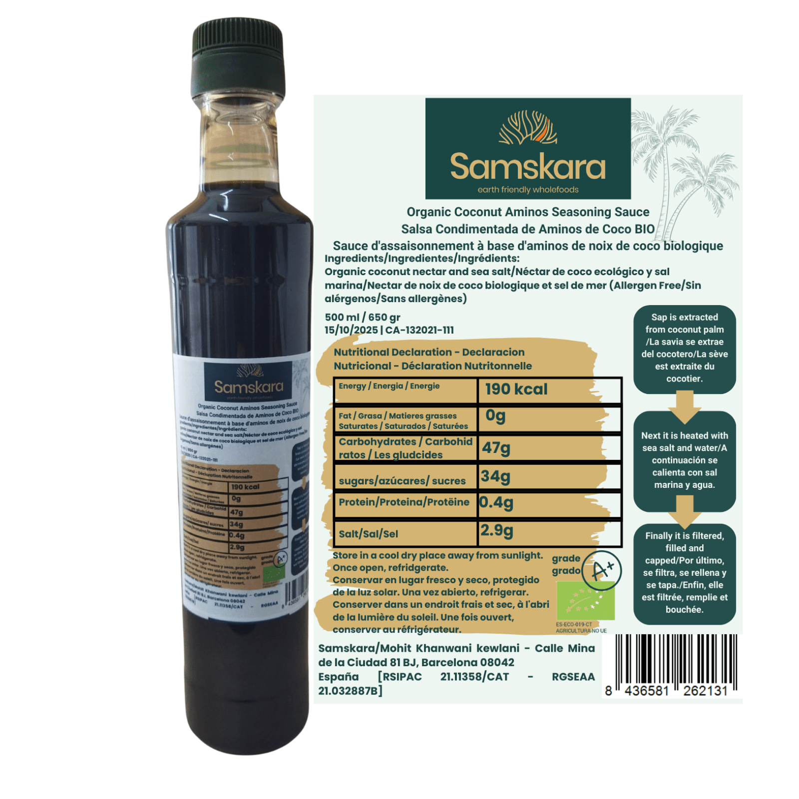 Aminos De Coco Bio - 500ml | Superalimento Ecológico Vegano Para Batidos, Smoothies Y Zumos, Sin Azúcares Añadidos_1
