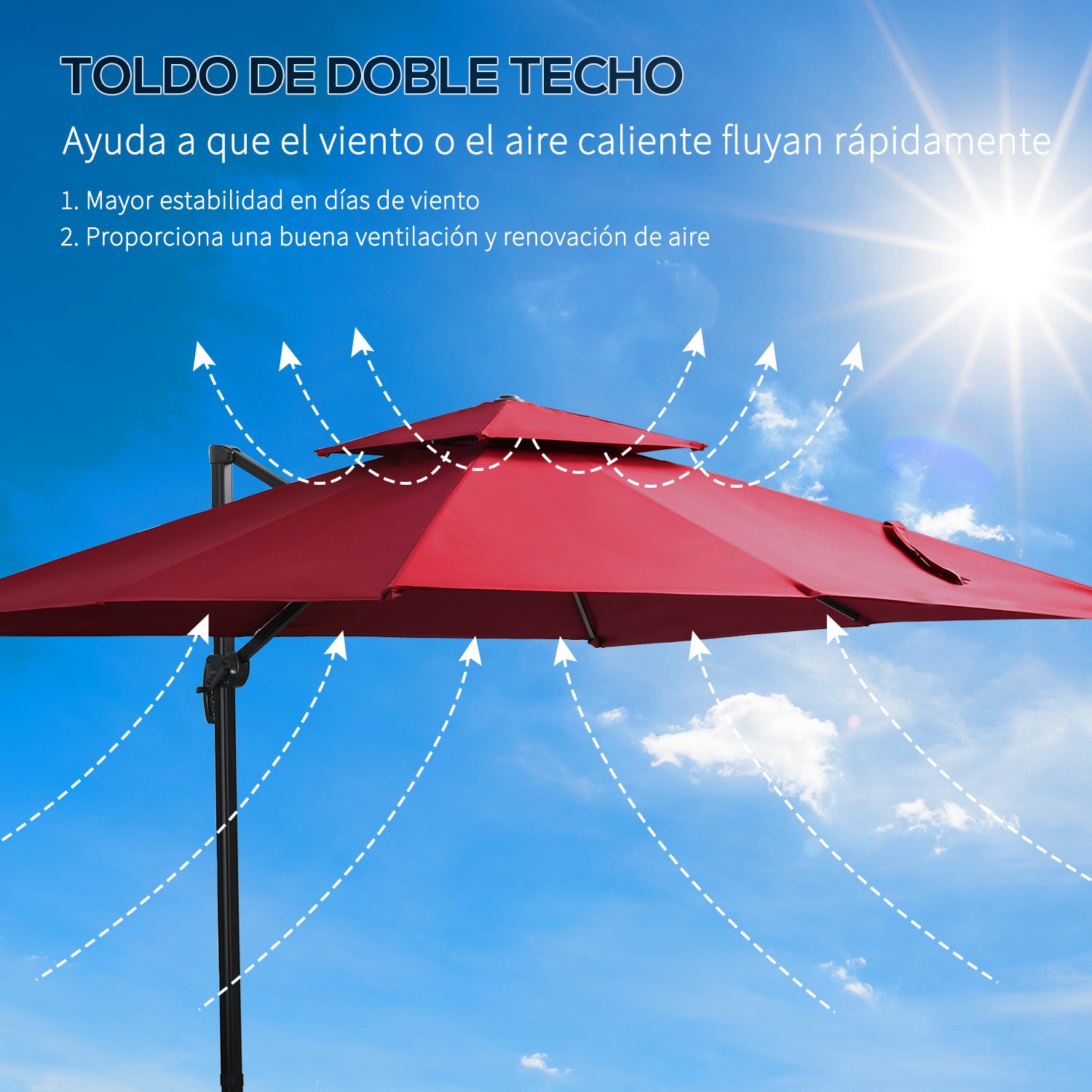 Outsunny Sombrilla De Jardín Ø300 Cm Aluminio Giratorio 360° Con Manivela Rojo_5