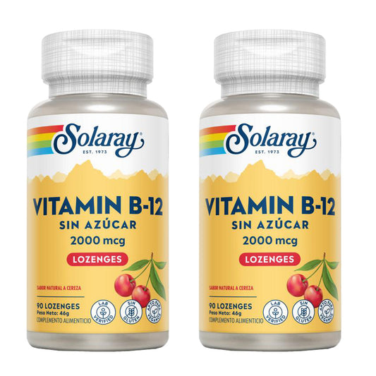 Embalagem de 2 comprimidos de vitamina B12 2000 mcg sublinguais Solaray 90 comprimidos