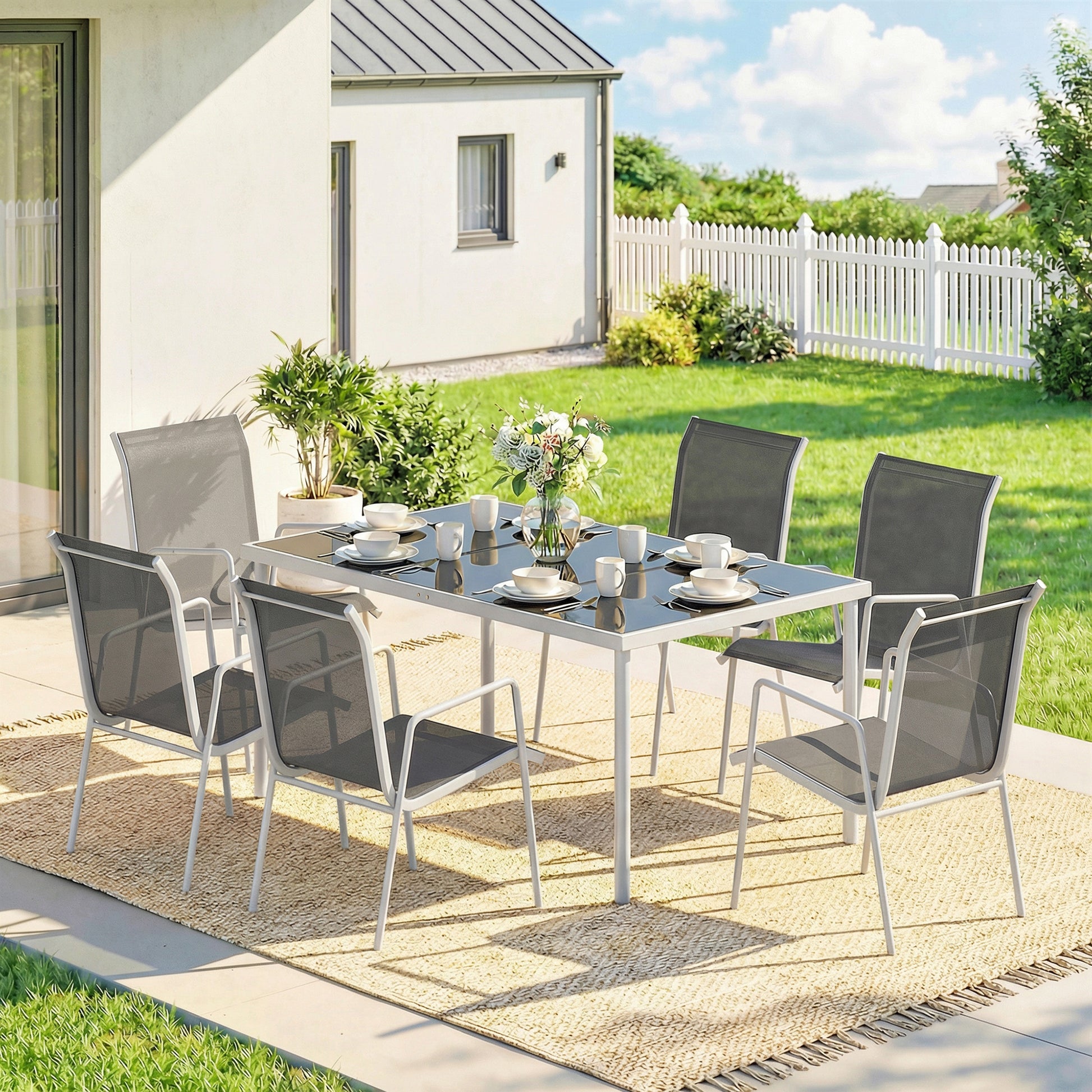 Outsunny Conjunto De Mesa Y Sillas Jardín De 7 Piezas Con Sillas Transpirables_1