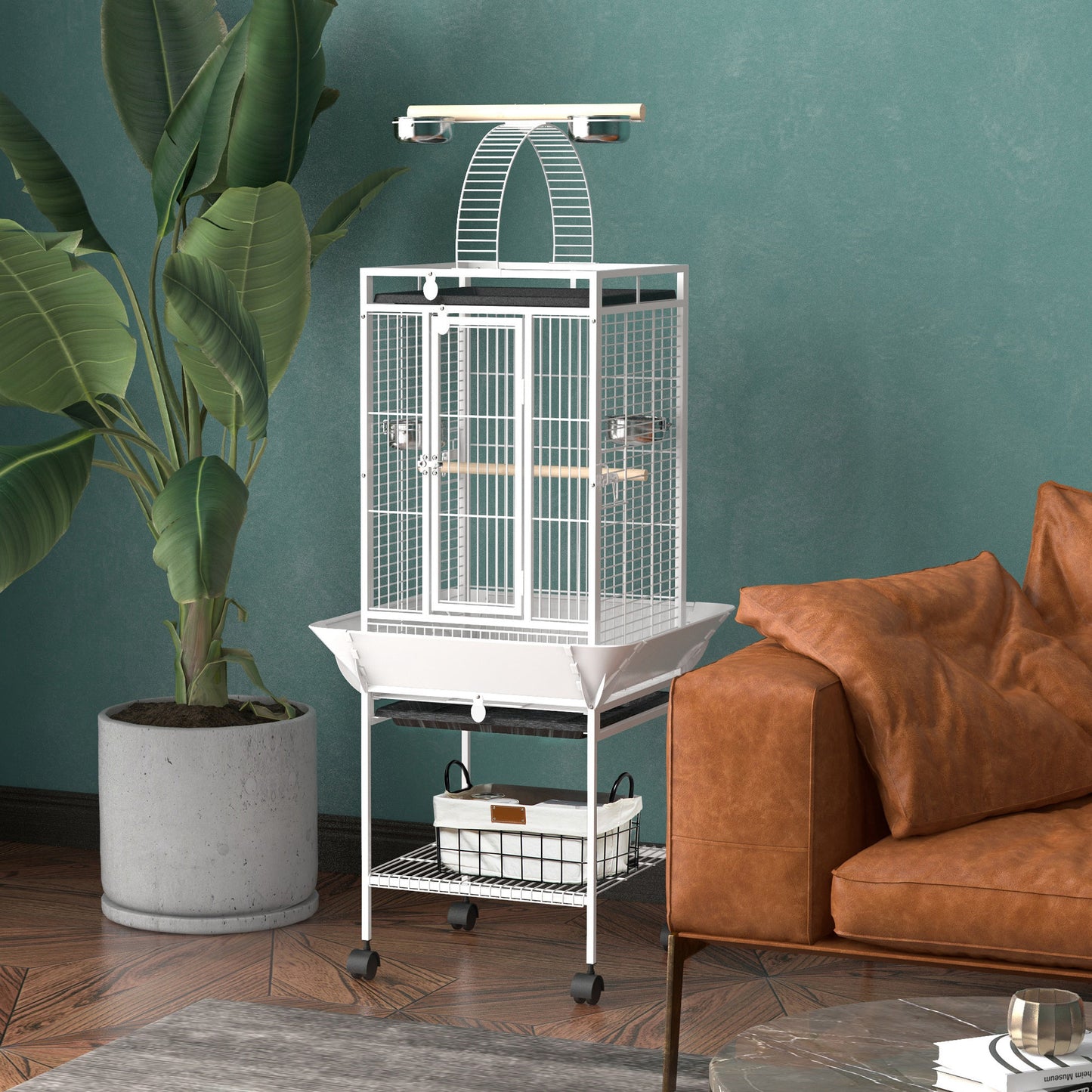 Pawhut Jaula Para Loros Con Ruedas Perchas Comederos 62,5x62,5x156 Cm Blanco_1