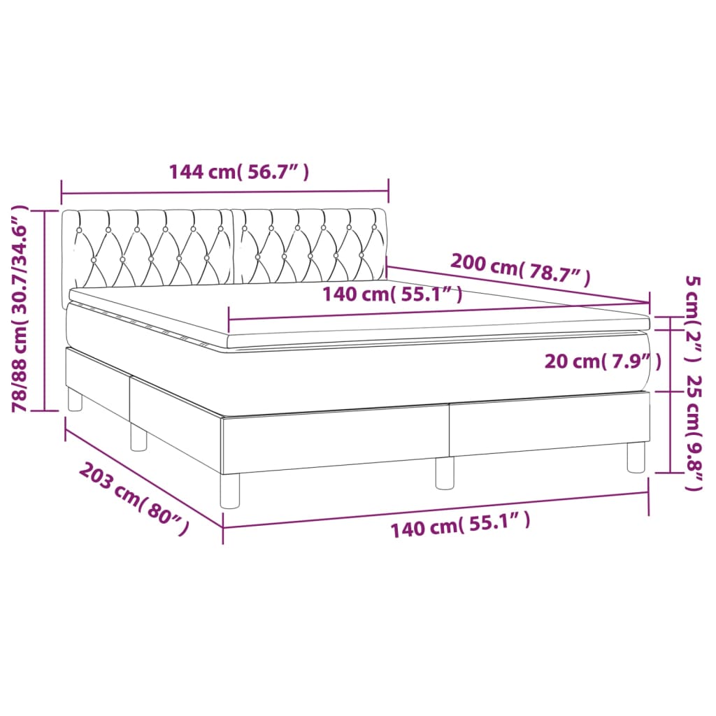 Cama Box Spring Con Colchón Y Led Tela Crema 140x200 Cm / Vetonek_3