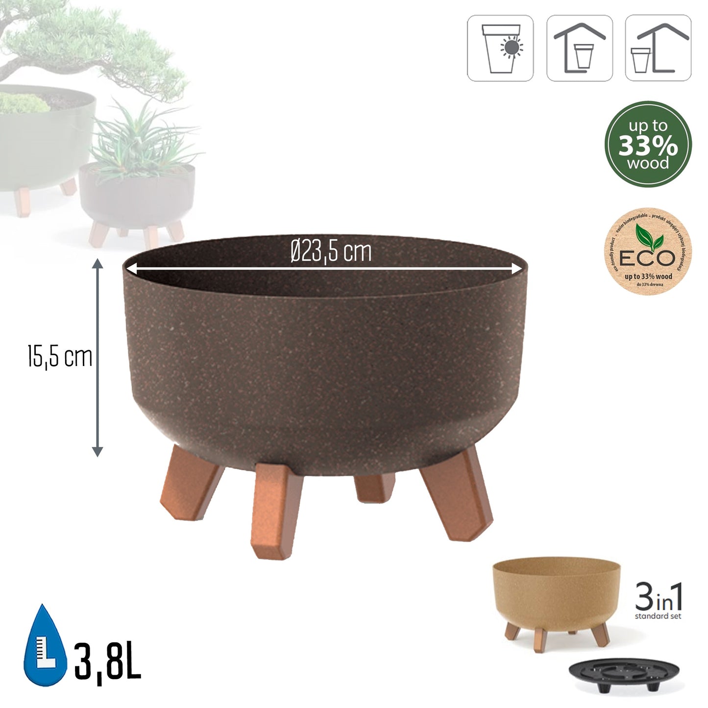 Macetero Color Café,sin Depósito , Colección Gracia De 23,5 X 23,5 X 15,5 Cm, Capacidad De 3,8 L.