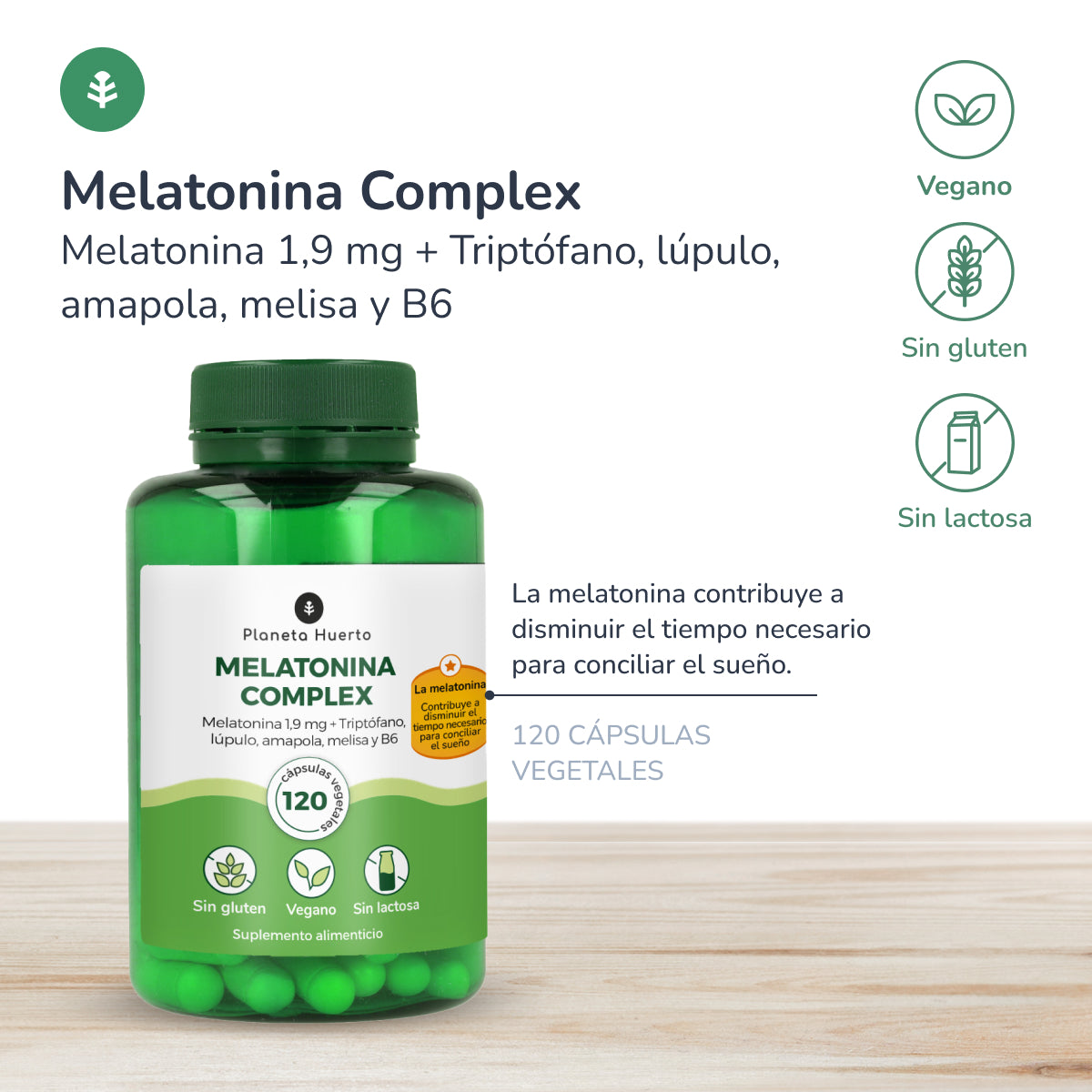Embalagem 2x Complexo de Melatonina Planeta Huerto 120 cápsulas