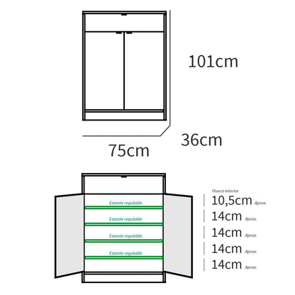 Zapatero Entrada Recibidor, Mueble Auxiliar Estrecho Zapatos, 2 Puertas, 1 Cajón 101x75x36 Cm, Briebe, Domus, Blanco_5