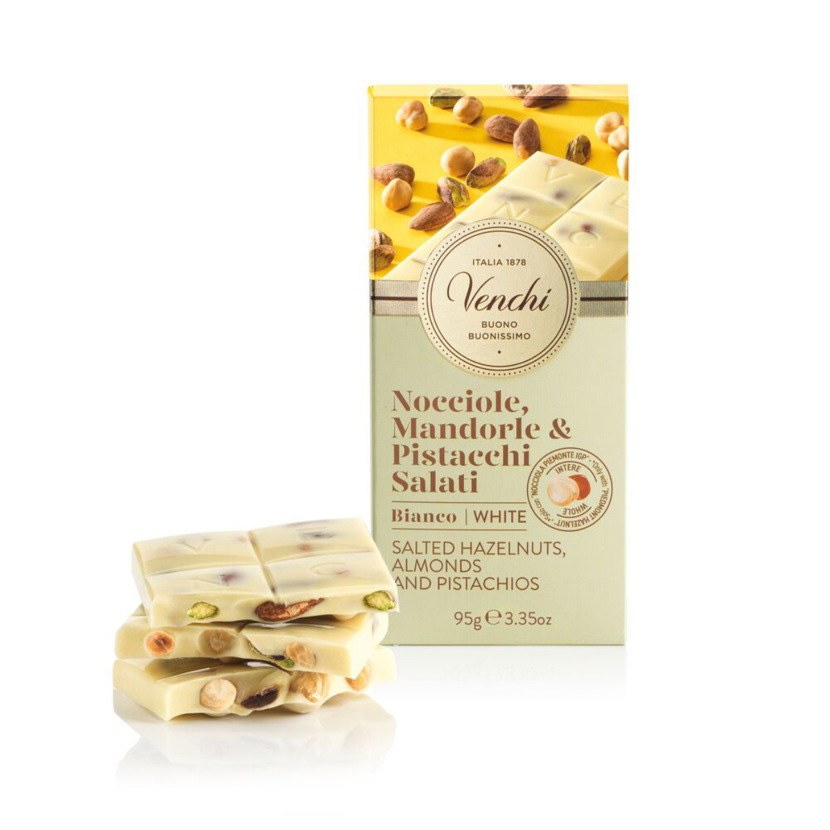 Tableta de chocolate blanco con avellanas enteras IGP Piamonte, pistacho y almendras Venchi 95 g
