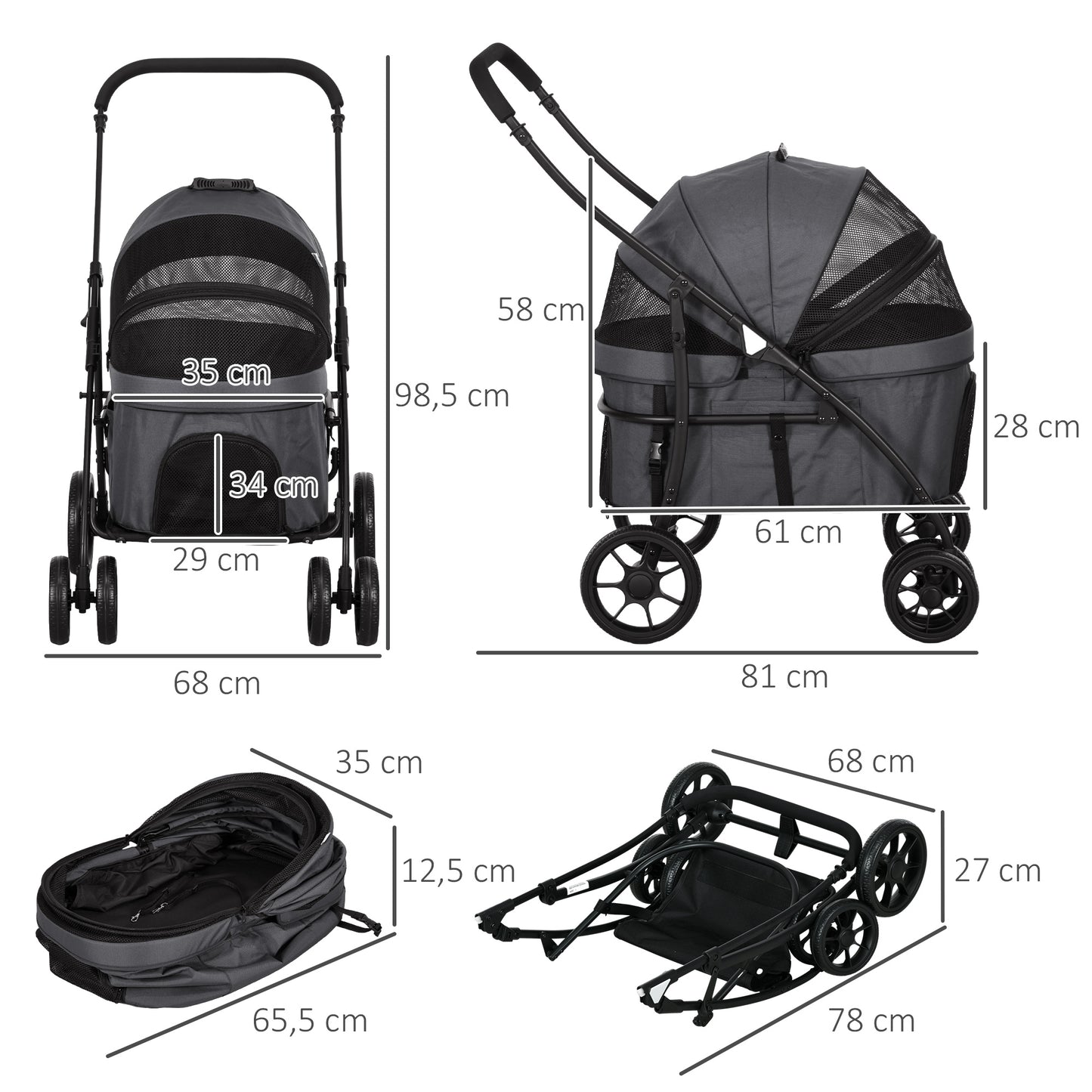 Pawhut Carrito Para Perros 2 En 1 Plegable Con Correas De Seguridad Gris Oscuro_2