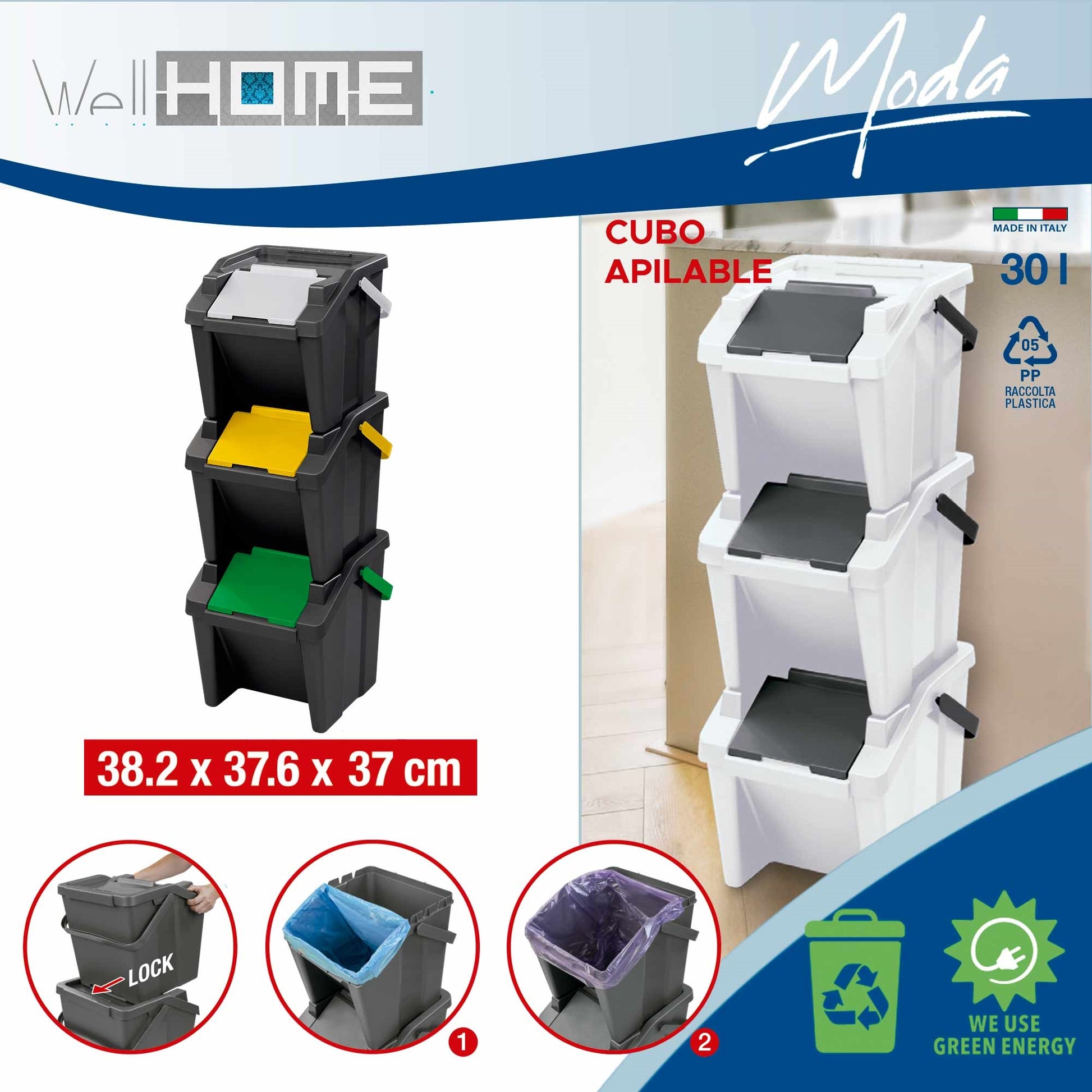 Set De 3 Papeleras Apilables moda De 30l + Rollo De 20 Bolsas De Basura Con Autocierre 30l_1