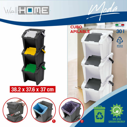 Set De 3 Papeleras Apilables moda De 30l + Rollo De 20 Bolsas De Basura Con Autocierre 30l_1