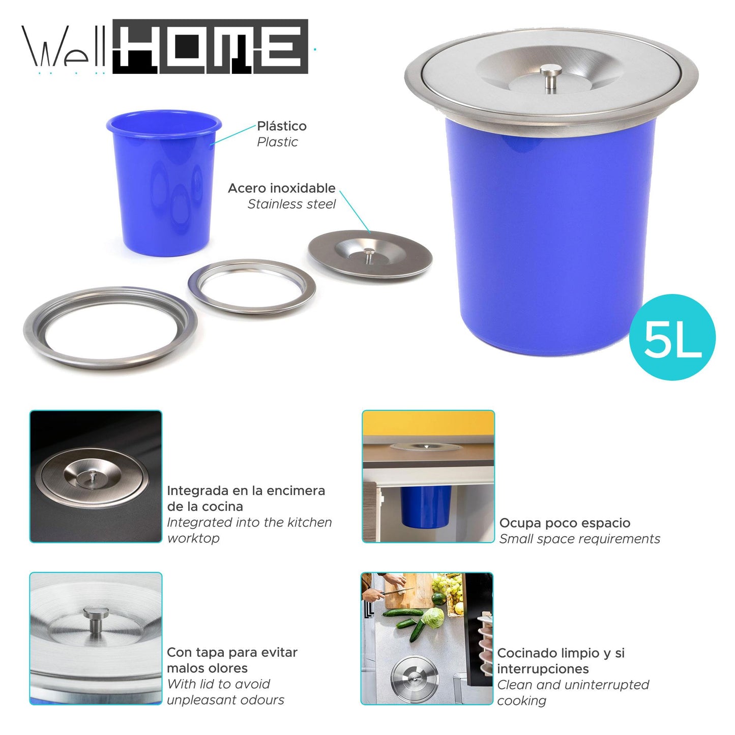 Cubo Integrable En Encimera 5l Tapa Acero Inox Azul_1