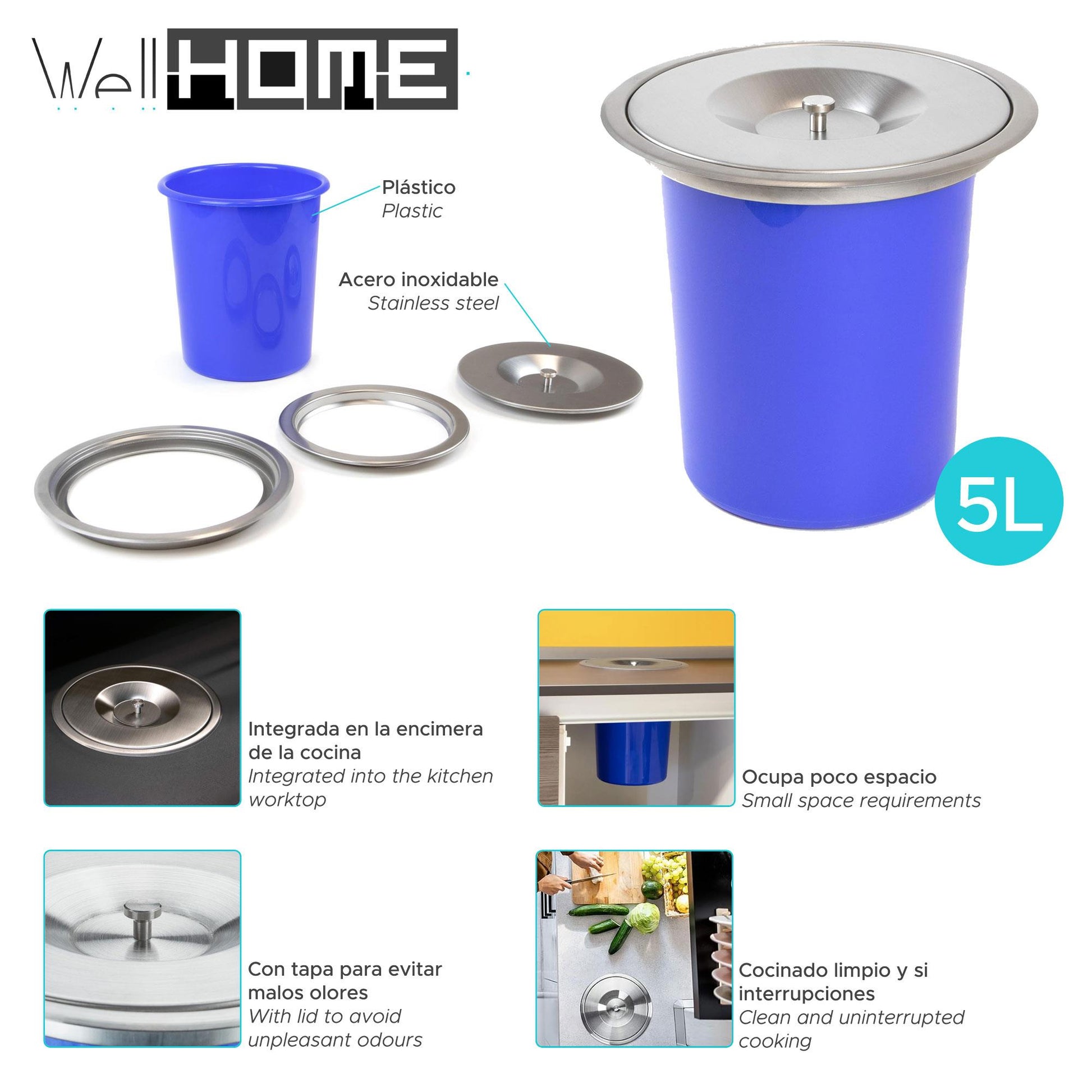 Cubo Integrable En Encimera 5l Tapa Acero Inox Azul_1