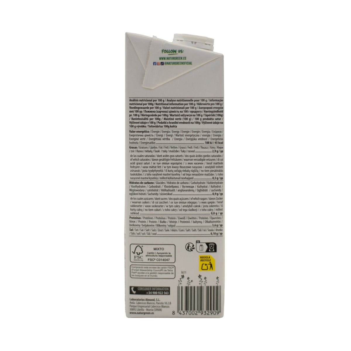 Bebida de soja natural sem açúcar NaturGreen, 1 litro