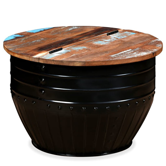 Mesa De Centro Forma De Barril Madera Maciza Reciclada Negro_0