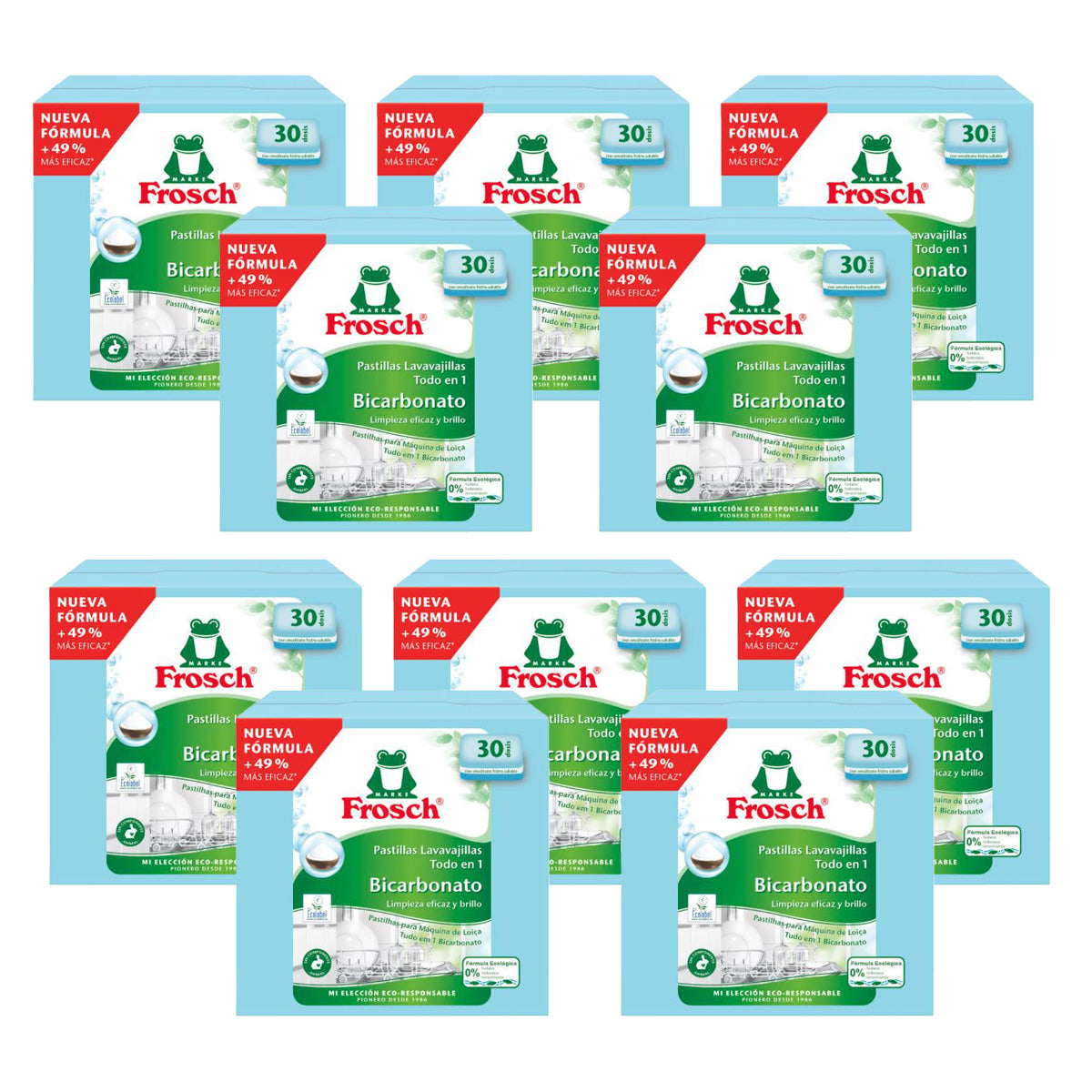 Embalagem de 10 pastilhas Frosch para máquina de lavar louça com 30 pastilhas