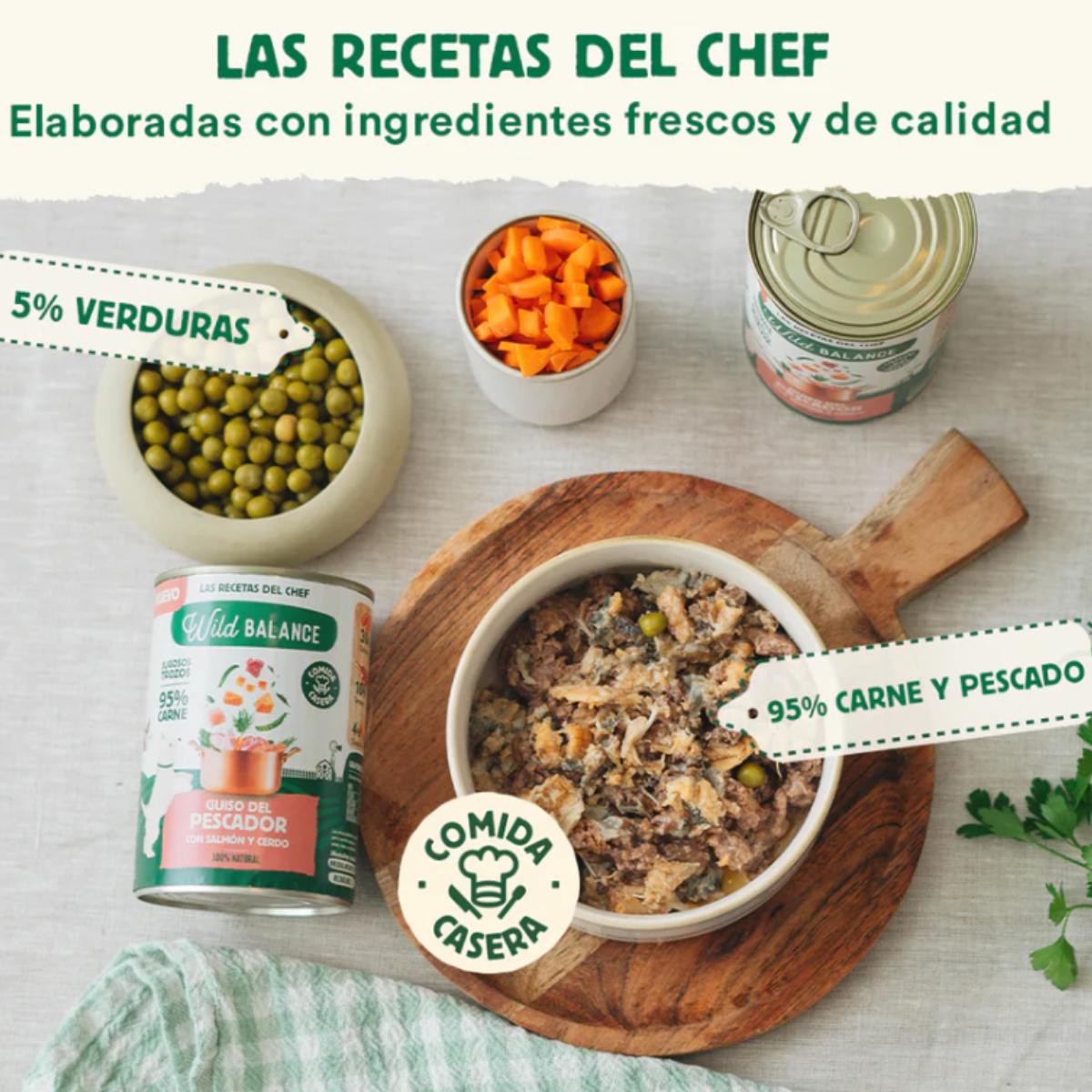 Lata cheia de ensopado de pescador Wild Balance com salmão e porco para cães 400g