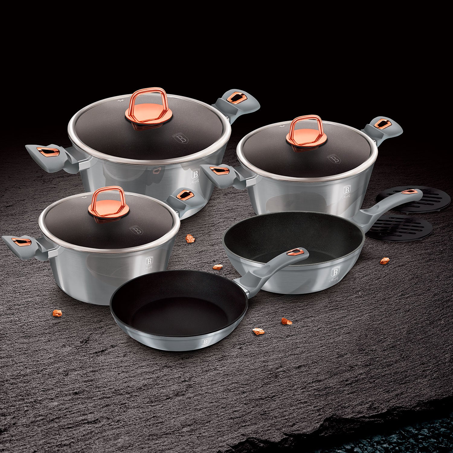 Batería Cocina Inducción 10 Piezas, Antiadherente Mármol Sin Pfoa, Aluminio, Cazuelas Sartenes Berlinger Haus Moonlight Gris_2