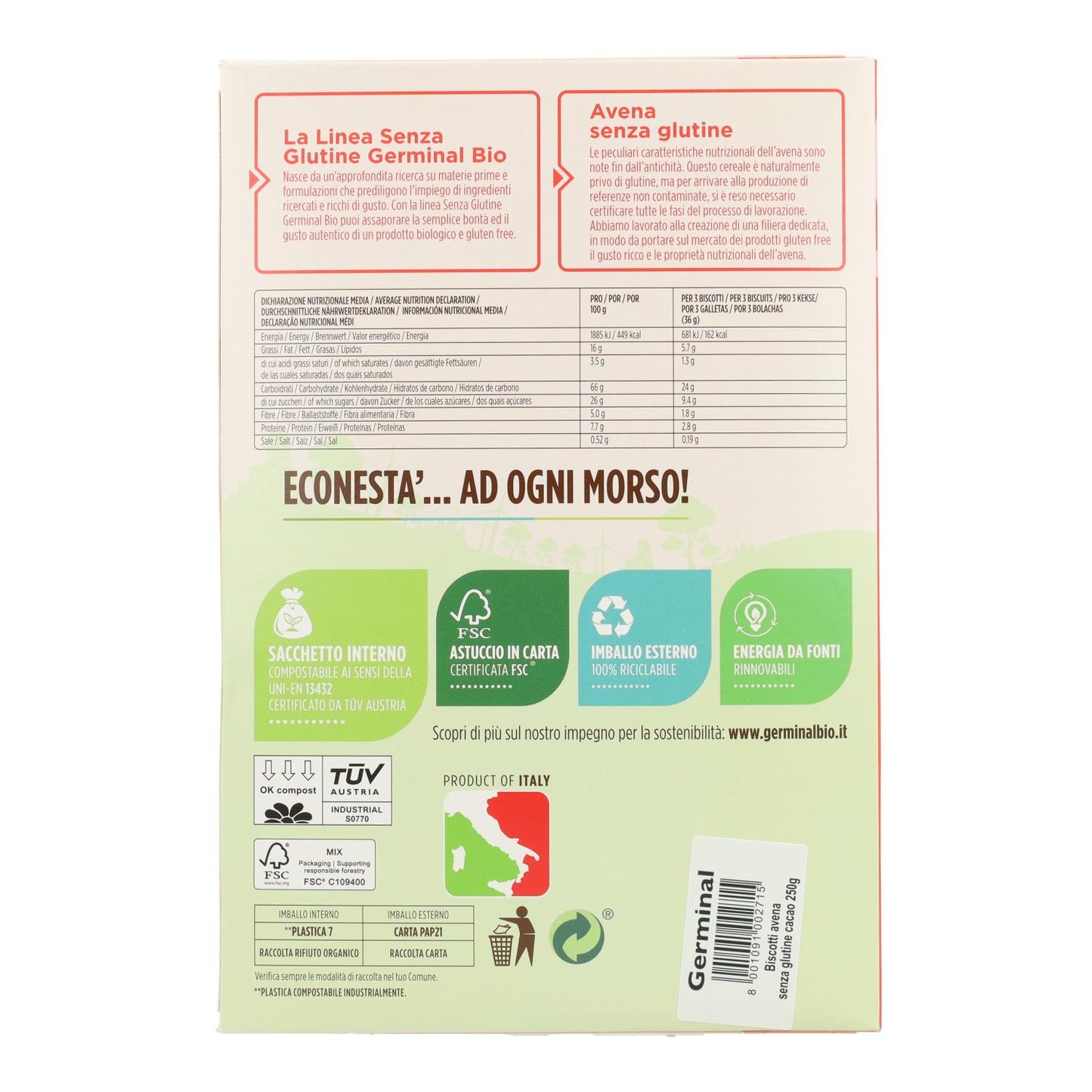 Bolachas de Aveia sem Glúten com Cacau Germinal Biológico 250g