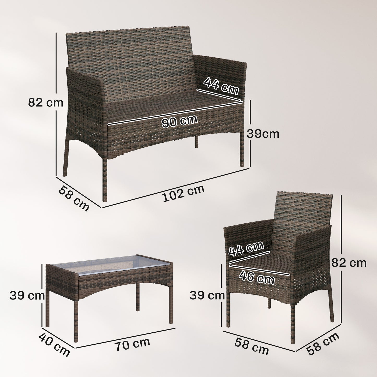Outsunny Conjunto Jardín Exterior De Ratán Sintético Con Cojines Marrón Y Gris_2