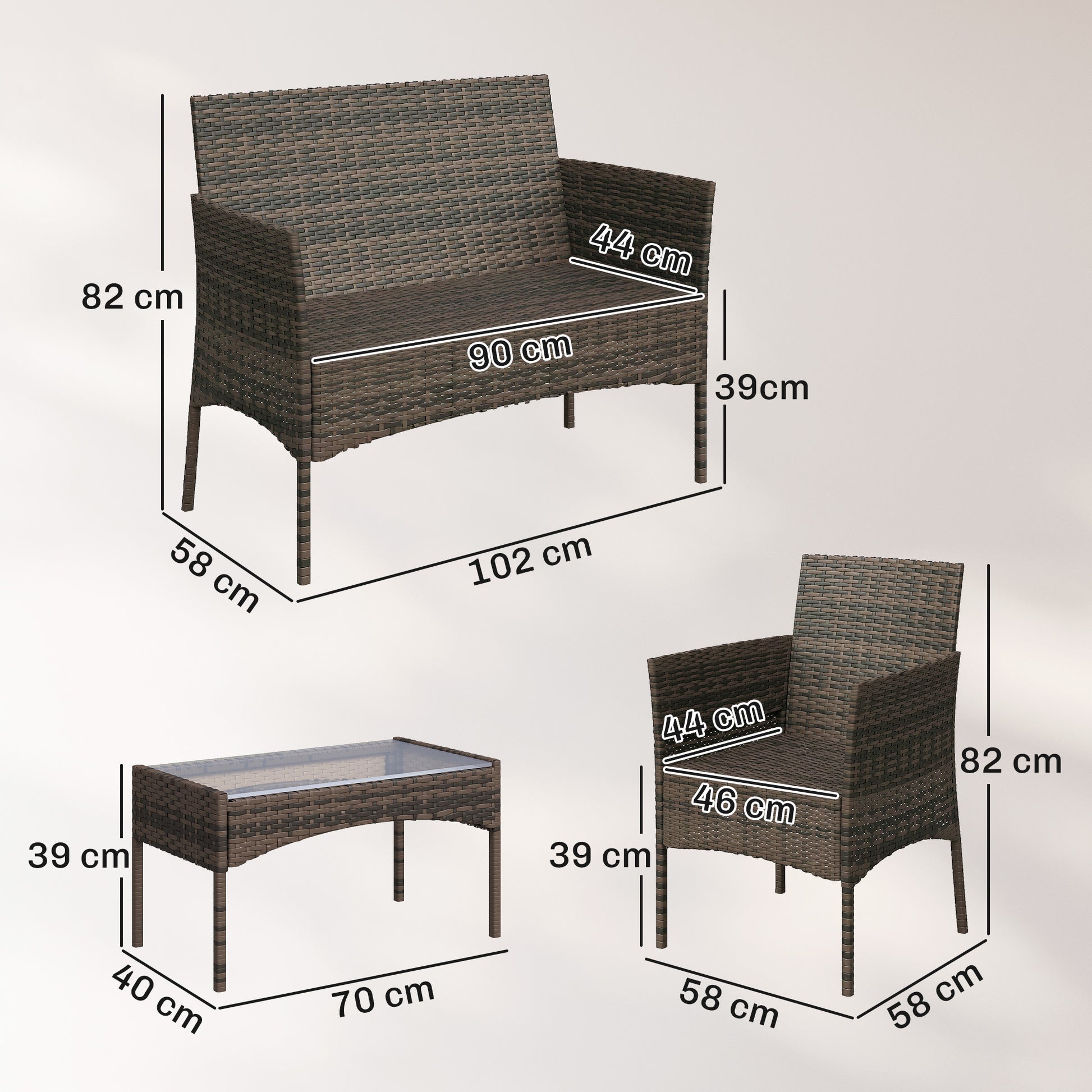 Outsunny Conjunto Jardín Exterior De Ratán Sintético Con Cojines Marrón Y Gris_2