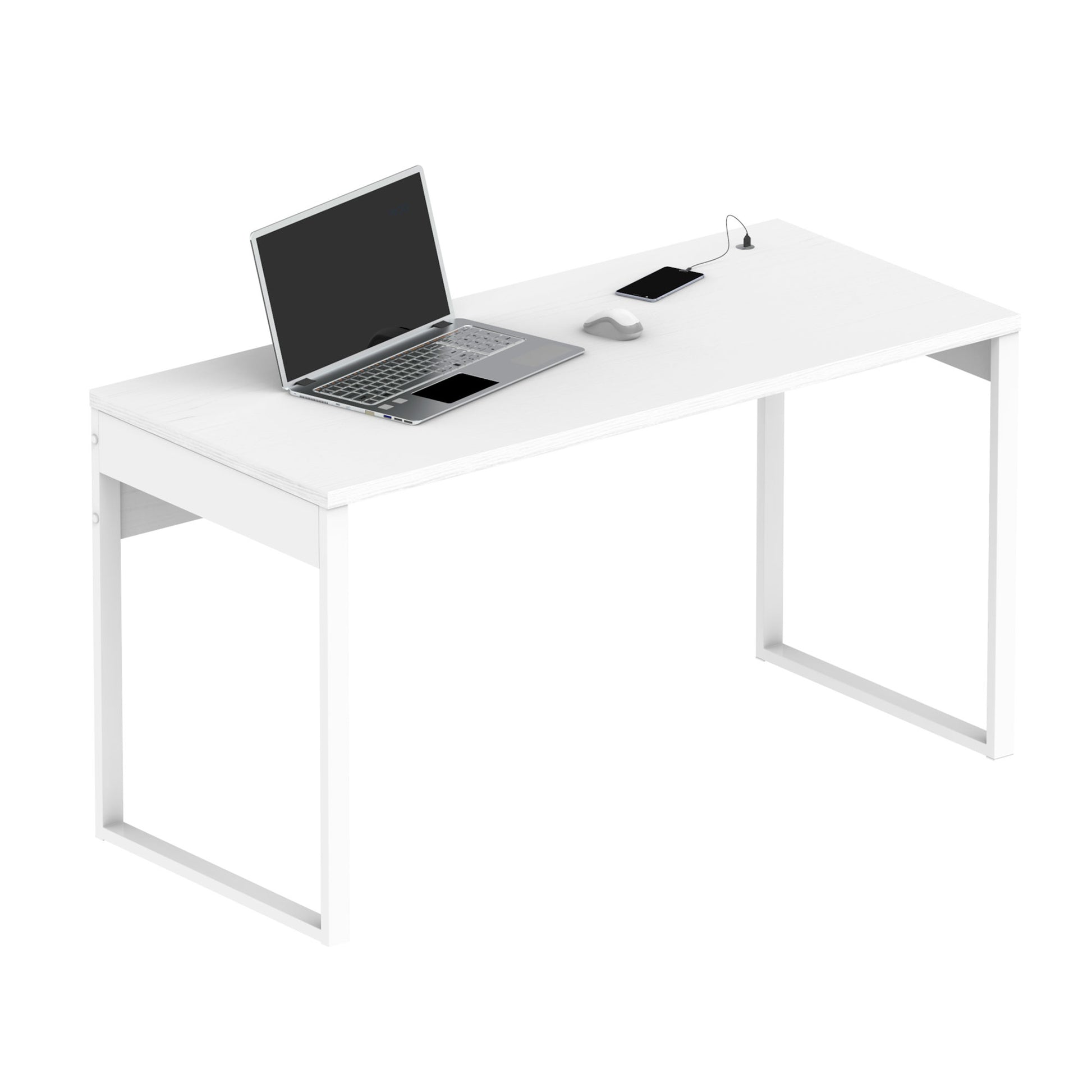 Escritorio Mesa De Ordenador Oficina Estudio, Patas Estructura Metálica Industrial 76x135x60cm, Briebe, Smuk, Blanco_0