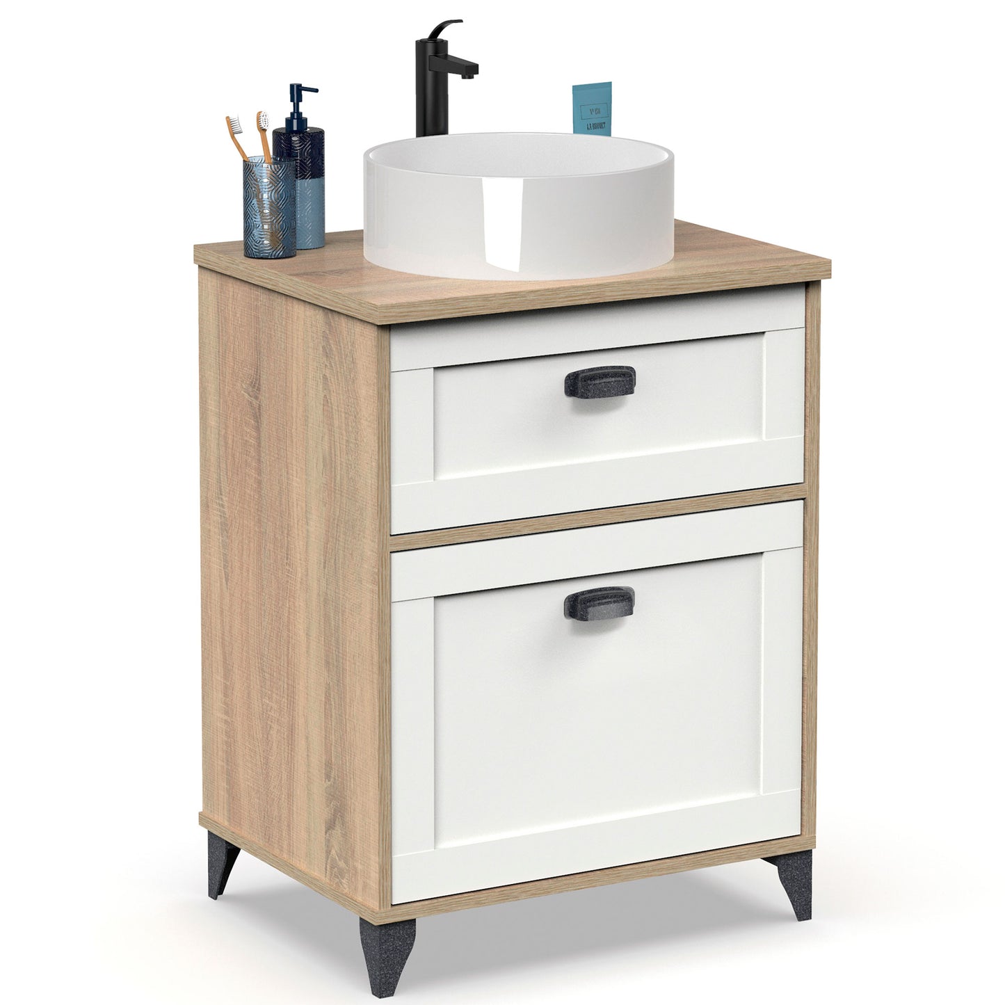 Mueble Baño 60cm Lavabo Sobre Encimera No Incluido, Armario Auxiliar Estilo Vintage 80x61x47cm, Briebe, Eterna, Blanco_0