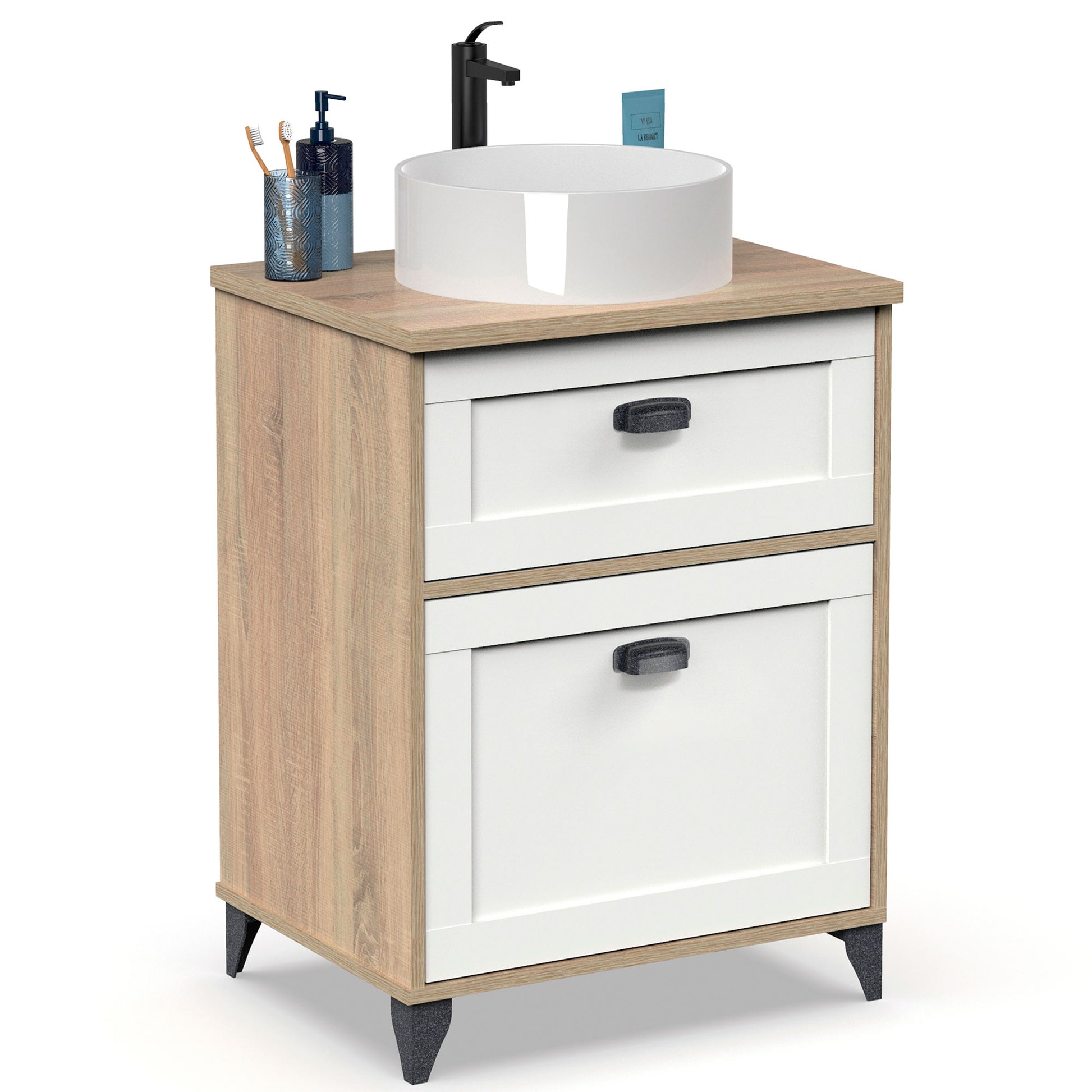 Mueble Baño 60cm Lavabo Sobre Encimera No Incluido, Armario Auxiliar Estilo Vintage 80x61x47cm, Briebe, Eterna, Blanco_0