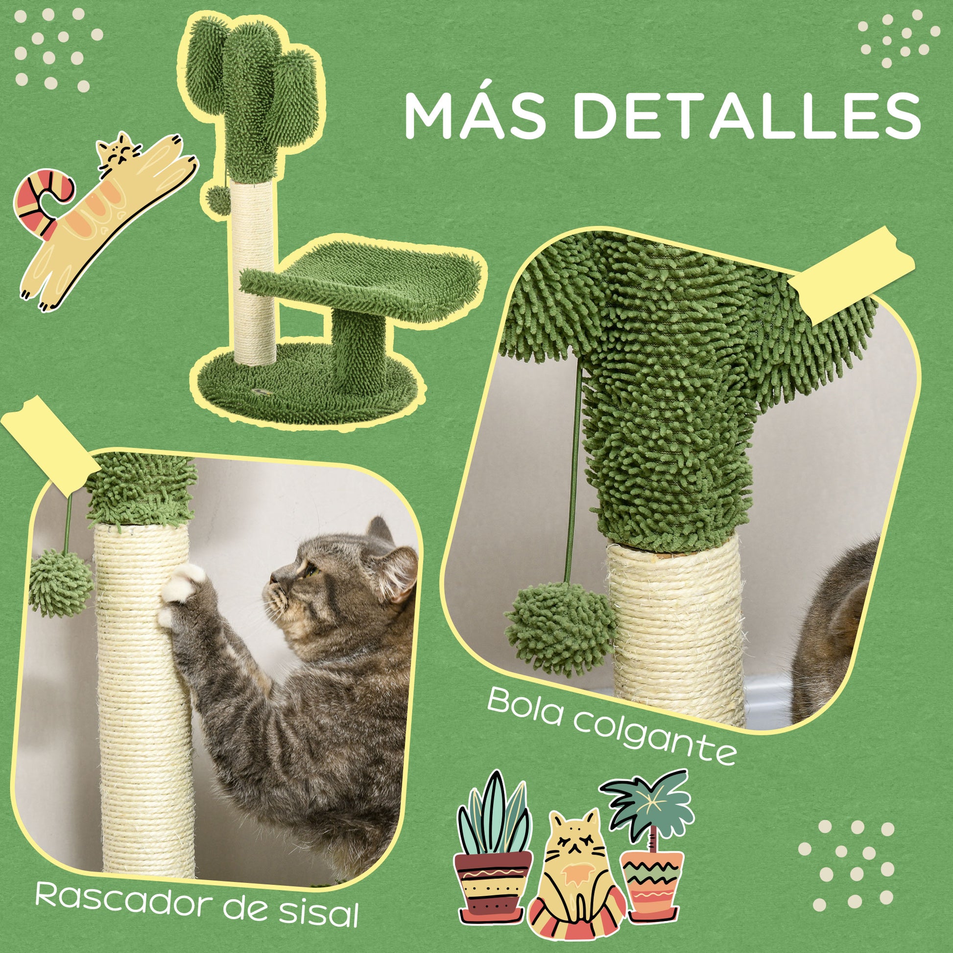 Pawhut Árbol De Cactus Para Gatos 55,5 Cm Con Postes De Sisal Cama Bola Verde_5