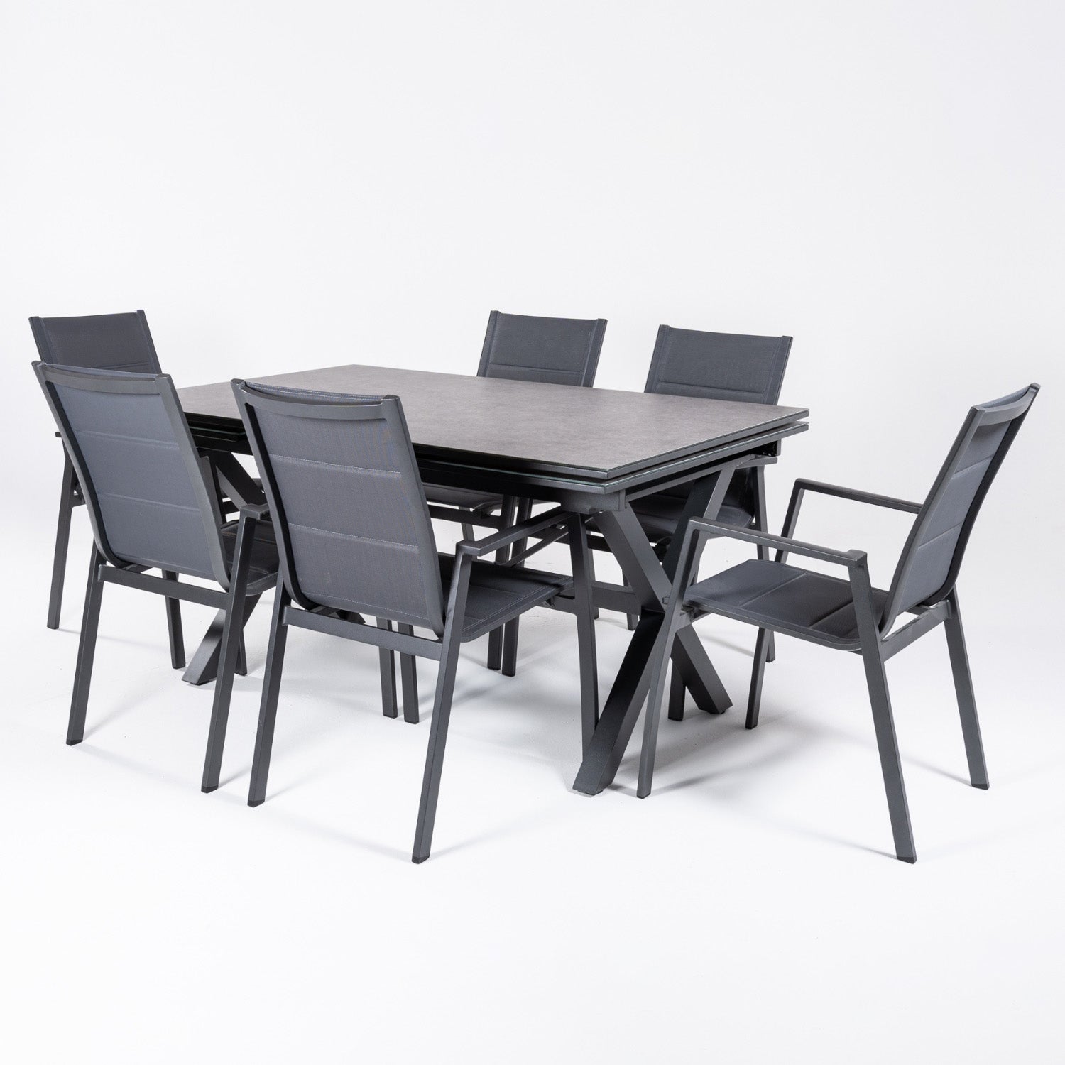 Conjunto De Mesas Y Sillas Acolchadas De Exterior, Mesa Extensible 150 A 250 Cm, Aluminio Y Cristal, Color Antracita_2