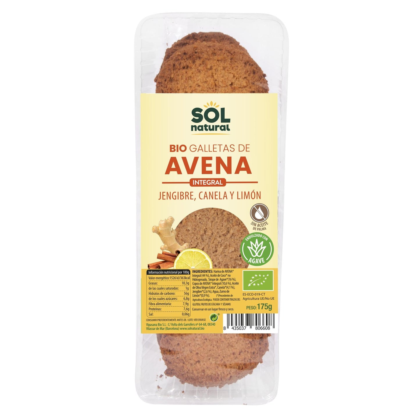 Bolachas de aveia biológica Sol Natural com gengibre, canela e limão 175g