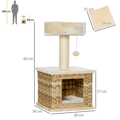 Pawhut Árbol Rascador Gatos Altura 69 Cm Con Cueva De Ratán Y Cama 36x36x69 Cm_2