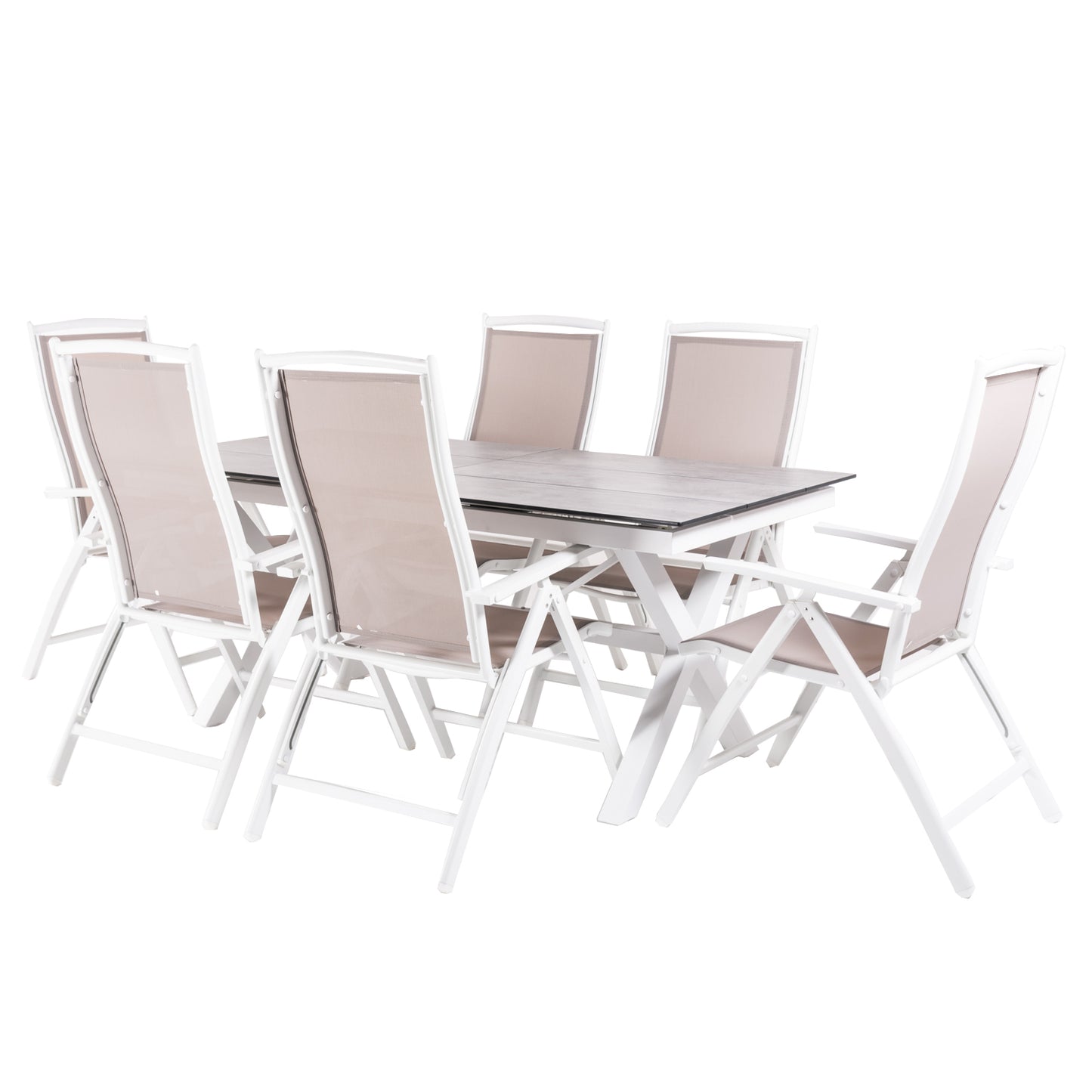 Conjunto De Mesas Y Sillas Reclinables De Terraza, Mesa Extensible 180 A 240 Cm, Aluminio Y Hpl, Color Blanco_0