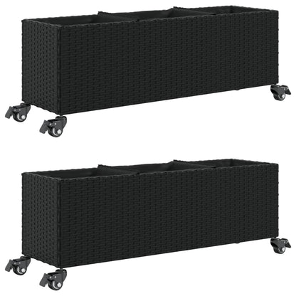 Jardineras Con Ruedas 2 Uds Ratán Sintético Negro 107x32x38 Cm_0