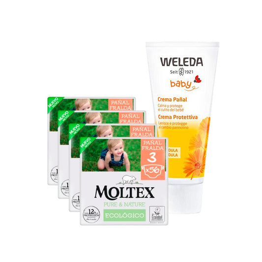 PACOTE ESPECIAL Creme para Fraldas de Calêndula Weleda 75ml + Pacote de Poupança Fraldas Moltex Pure &amp; Nature T3 (4-10 kg) 224 Unidades