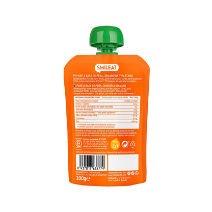 Pack de 10 saquetas de Smileat Pêra, Banana e Cenoura 100 g